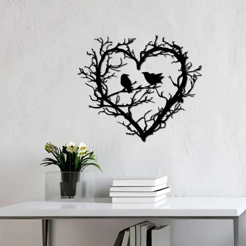 NEW HEART W/ 2 LOVE BIRDS on a Branch Made from Metal - FranksFunkyStuff