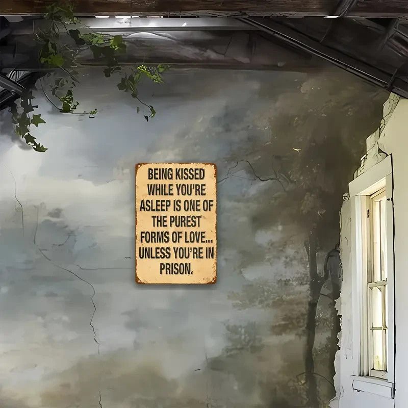 NEW " Kissed While Sleeping " Metal Decorative Sign with Humorous Quote - FranksFunkyStuff