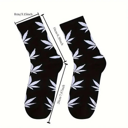 2 Pairs 420 Trendy Leaf Pattern Crew Socks One Size - FranksFunkyStuff