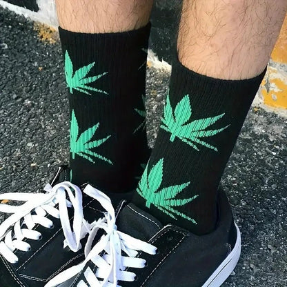 2 Pairs 420 Trendy Leaf Pattern Crew Socks One Size - FranksFunkyStuff