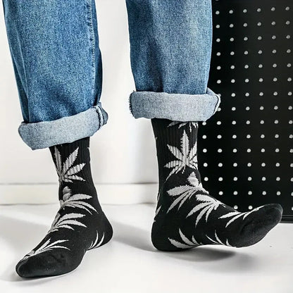 2 Pairs 420 Trendy Leaf Pattern Crew Socks One Size - FranksFunkyStuff