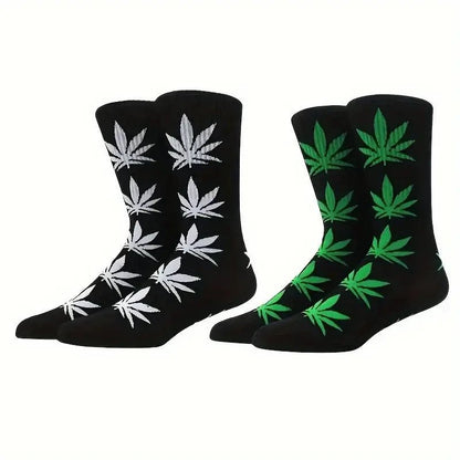 2 Pairs 420 Trendy Leaf Pattern Crew Socks One Size - FranksFunkyStuff