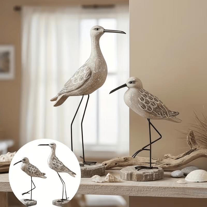 2 Wooden Seagull Figurines - Retro Nautical Coastal Bird Statues with Metal Legs - FranksFunkyStuff