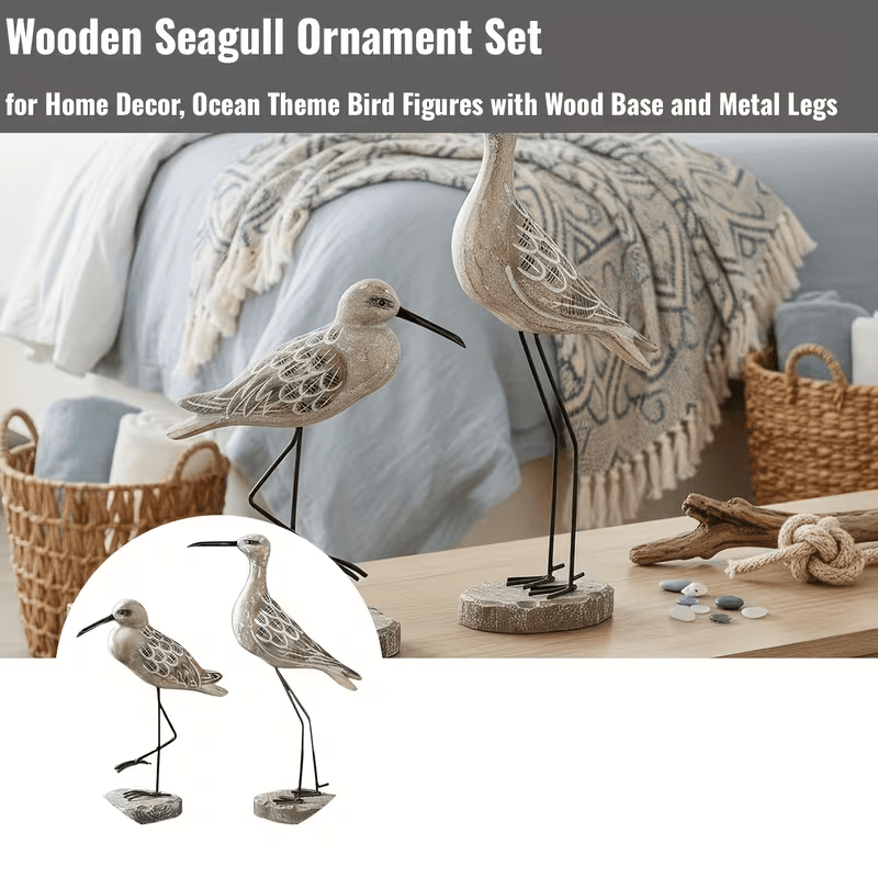 2 Wooden Seagull Figurines - Retro Nautical Coastal Bird Statues with Metal Legs - FranksFunkyStuff