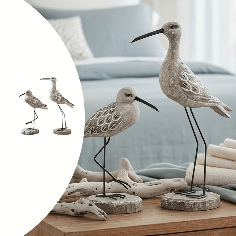 2 Wooden Seagull Figurines - Retro Nautical Coastal Bird Statues with Metal Legs - FranksFunkyStuff