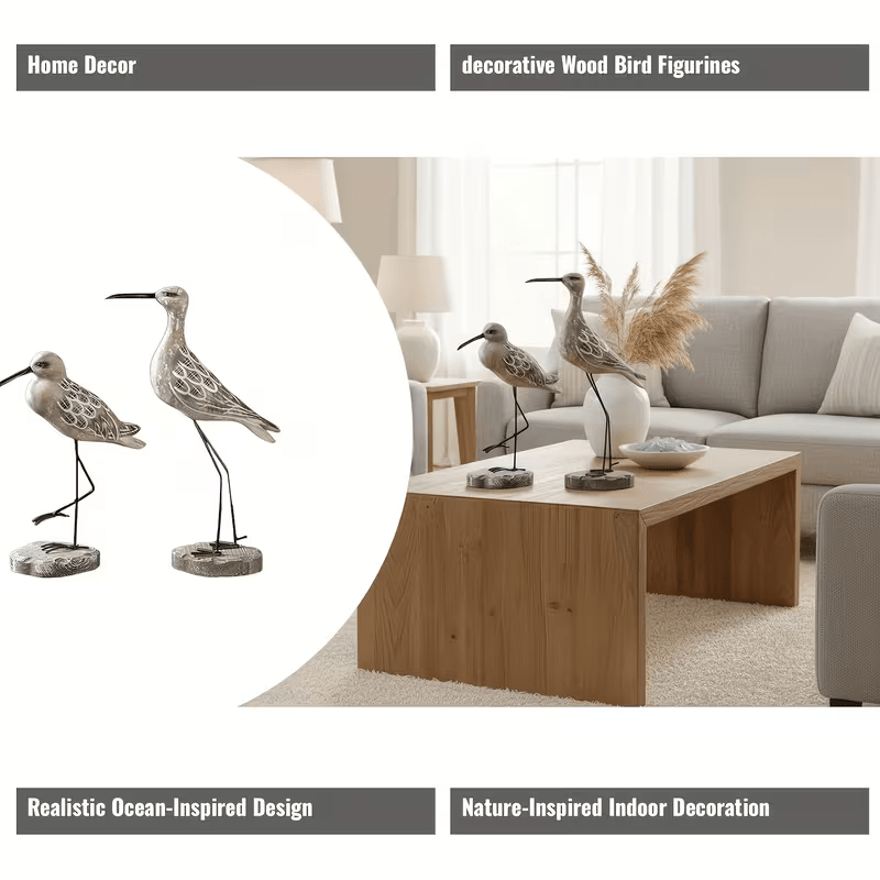 2 Wooden Seagull Figurines - Retro Nautical Coastal Bird Statues with Metal Legs - FranksFunkyStuff