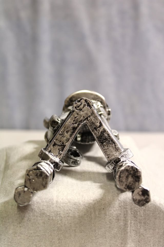 Piston Man Sculpture, Skull Gear Face Tabletop Mechanic with Wrench