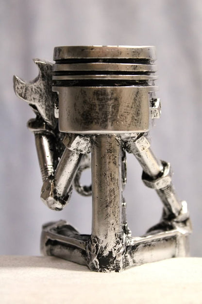 Piston Man Sculpture, Skull Gear Face Tabletop Mechanic with Wrench