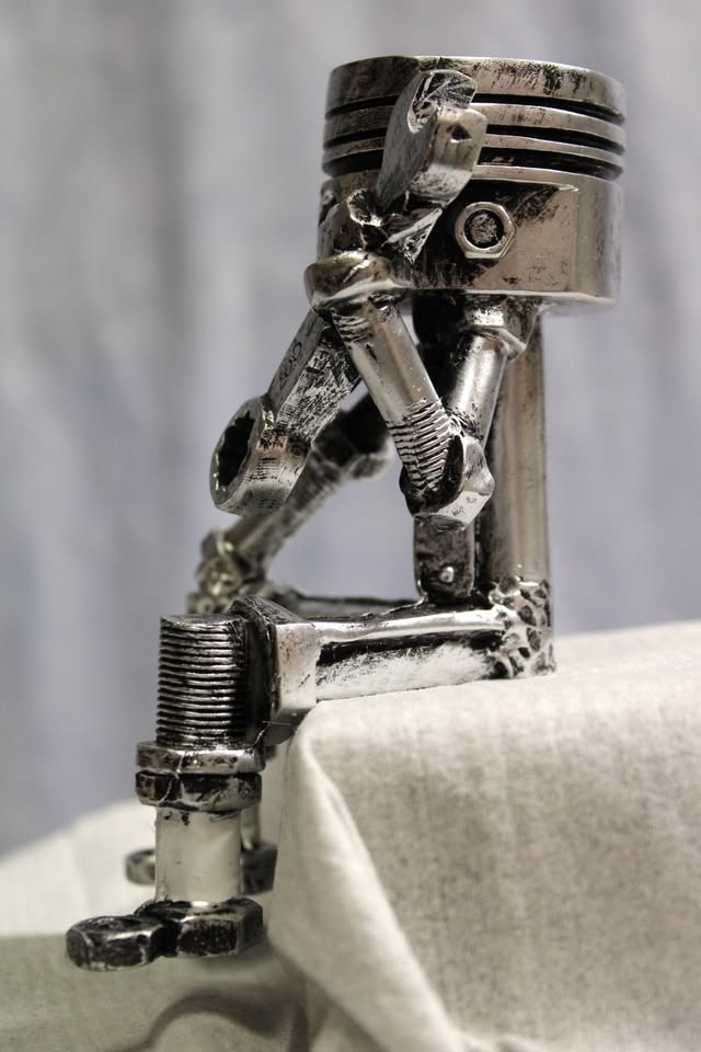 Piston Man Sculpture, Skull Gear Face Tabletop Mechanic with Wrench