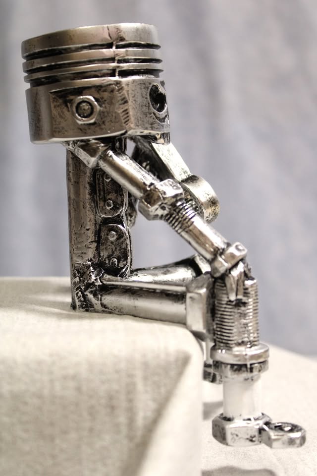 Piston Man Sculpture, Skull Gear Face Tabletop Mechanic with Wrench