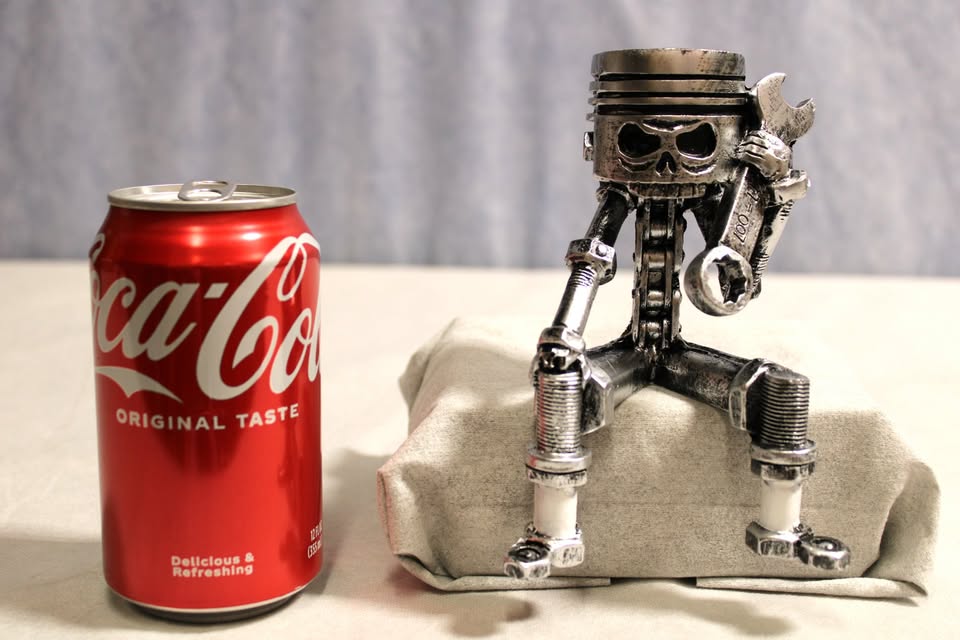 Piston Man Sculpture, Skull Gear Face Tabletop Mechanic with Wrench