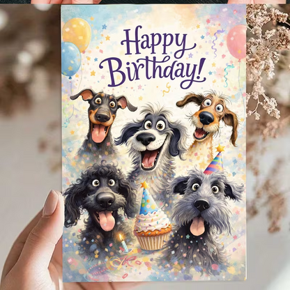 NEW Birthday Card, Featuring 5 Happy Dogs Holding Balloons And Cupcakes2
