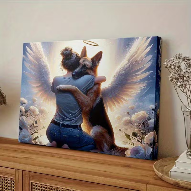 NEW  GERMAN SHEPHERD W/GIRL EMBRACE  FRAMED CANVAS  PAINTING "ANGEL COVENANT  "2