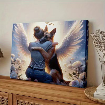 NEW  GERMAN SHEPHERD W/GIRL EMBRACE  FRAMED CANVAS  PAINTING "ANGEL COVENANT  "2