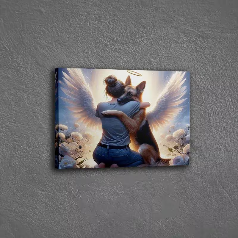 NEW  GERMAN SHEPHERD W/GIRL EMBRACE  FRAMED CANVAS  PAINTING "ANGEL COVENANT  "3