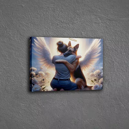 NEW  GERMAN SHEPHERD W/GIRL EMBRACE  FRAMED CANVAS  PAINTING "ANGEL COVENANT  "3