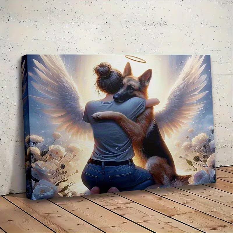 NEW  GERMAN SHEPHERD W/GIRL EMBRACE  FRAMED CANVAS  PAINTING "ANGEL COVENANT  "1
