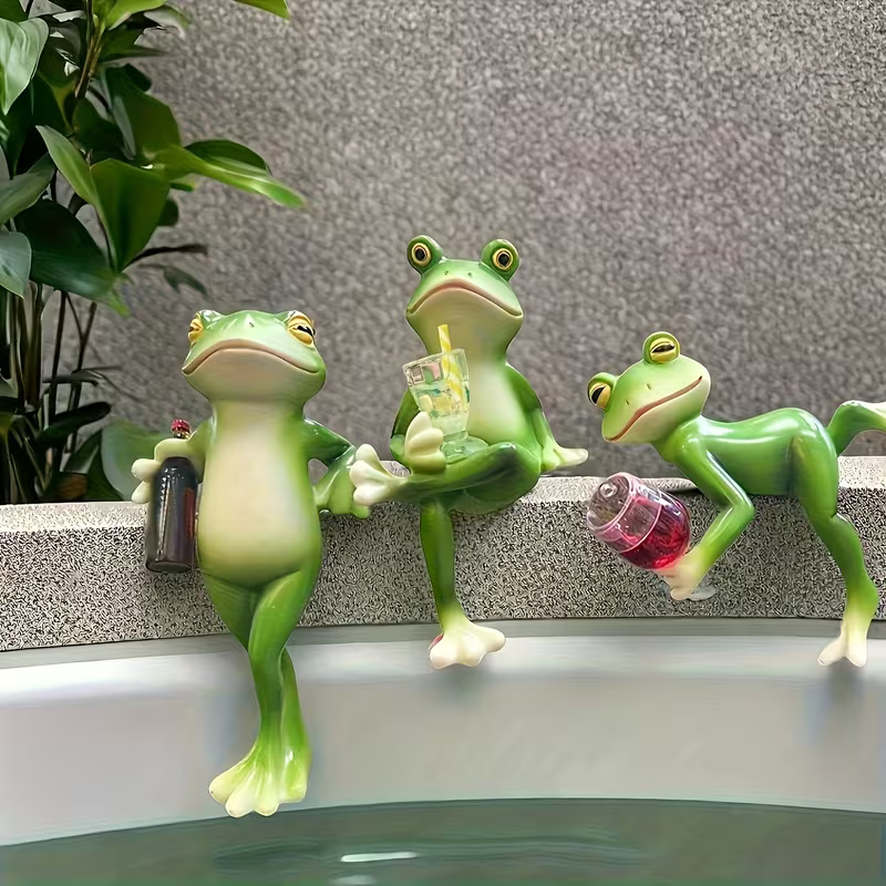NEW Three Whimsical  Frog Sculptures with Drinks  3 Piece Set3