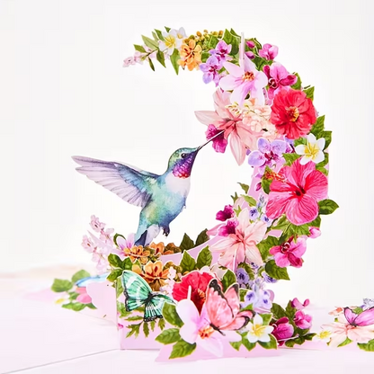 NEW 3D Pop-Up Card - Vibrant Floral Design with Hummingbird & Butterflies0