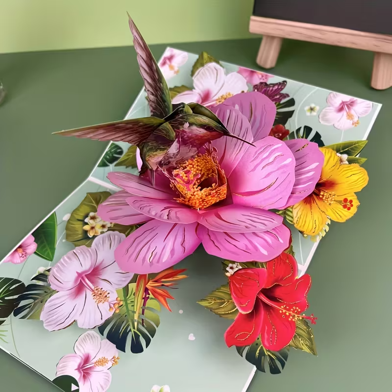 3D Pop-Up Greeting Card  Floral Design with Hummingbird Any Occasion1