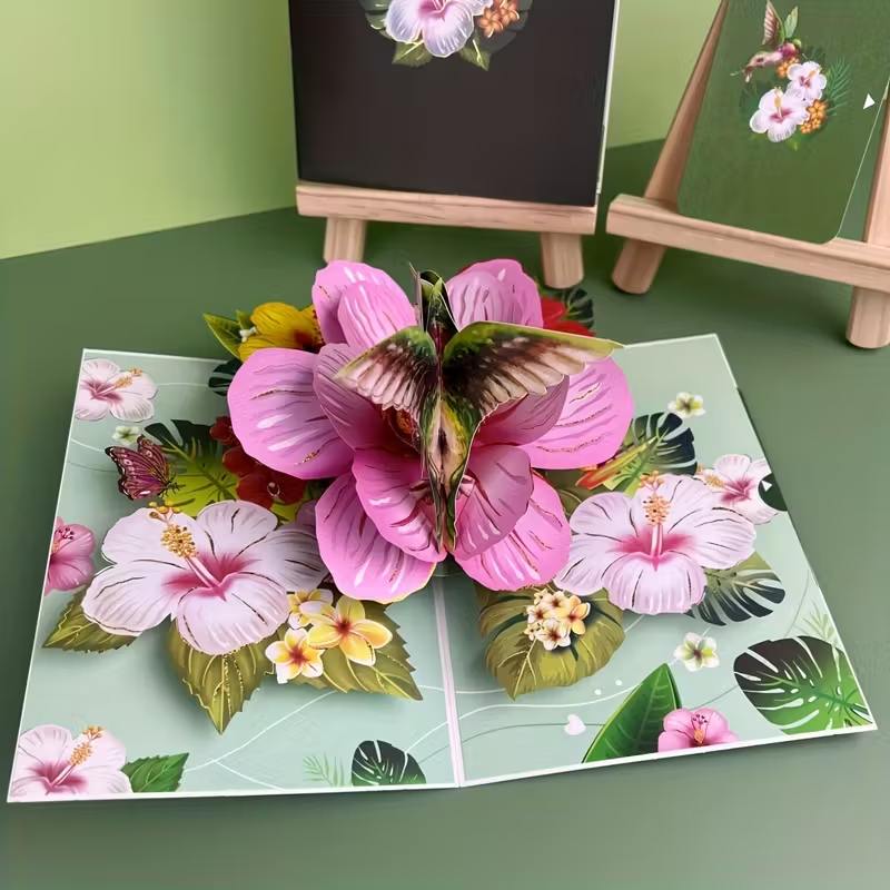 3D Pop-Up Greeting Card  Floral Design with Hummingbird Any Occasion3
