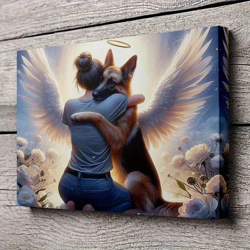 NEW  GERMAN SHEPHERD W/GIRL EMBRACE  FRAMED CANVAS  PAINTING "ANGEL COVENANT  "4