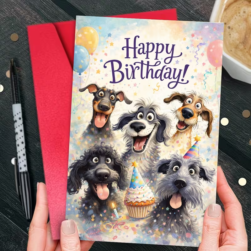NEW Birthday Card, Featuring 5 Happy Dogs Holding Balloons And Cupcakes3
