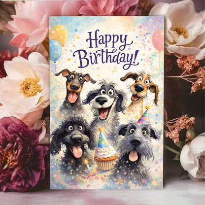 NEW Birthday Card, Featuring 5 Happy Dogs Holding Balloons And Cupcakes0