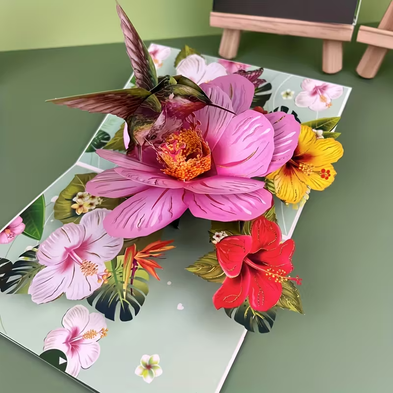 3D Pop-Up Greeting Card  Floral Design with Hummingbird Any Occasion4