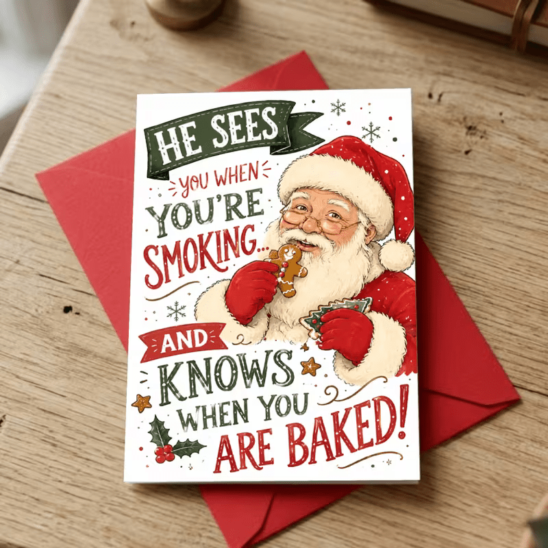 CHRISTMAS GREETING CARD " HE SEES YOU WHEN YOU'RE SLEEPING " 420 THEME - FranksFunkyStuff