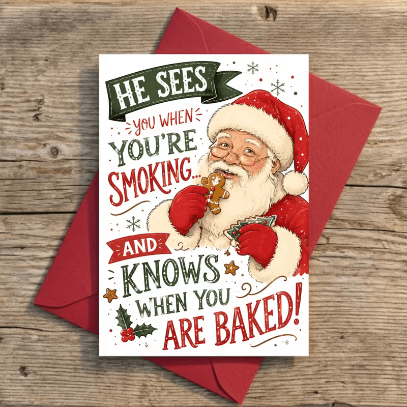 CHRISTMAS GREETING CARD " HE SEES YOU WHEN YOU'RE SLEEPING " 420 THEME - FranksFunkyStuff