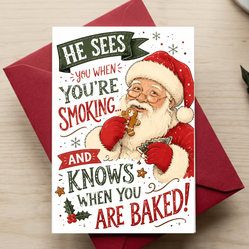 CHRISTMAS GREETING CARD " HE SEES YOU WHEN YOU'RE SLEEPING " 420 THEME - FranksFunkyStuff