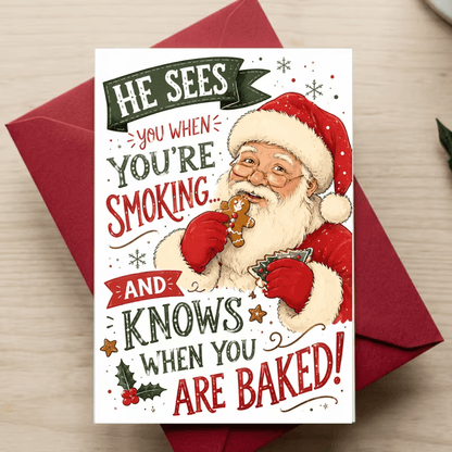 CHRISTMAS GREETING CARD " HE SEES YOU WHEN YOU'RE SLEEPING " 420 THEME - FranksFunkyStuff