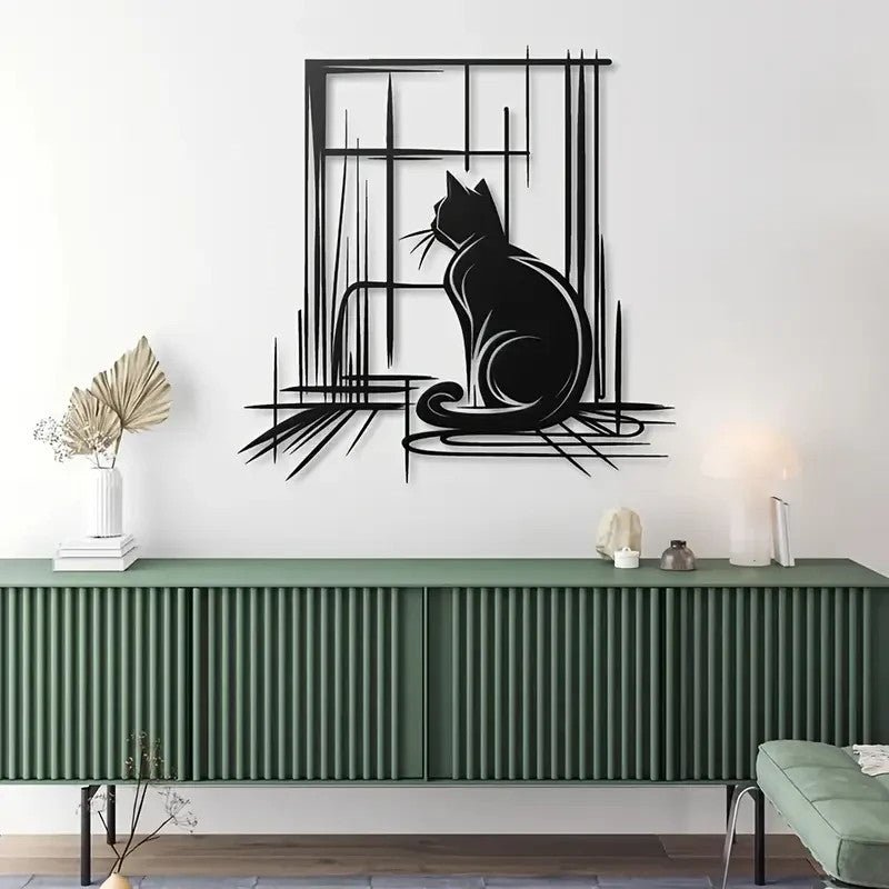 Elegant Black Cat Metal Wall Art, 15.75"x15.75" - FranksFunkyStuff