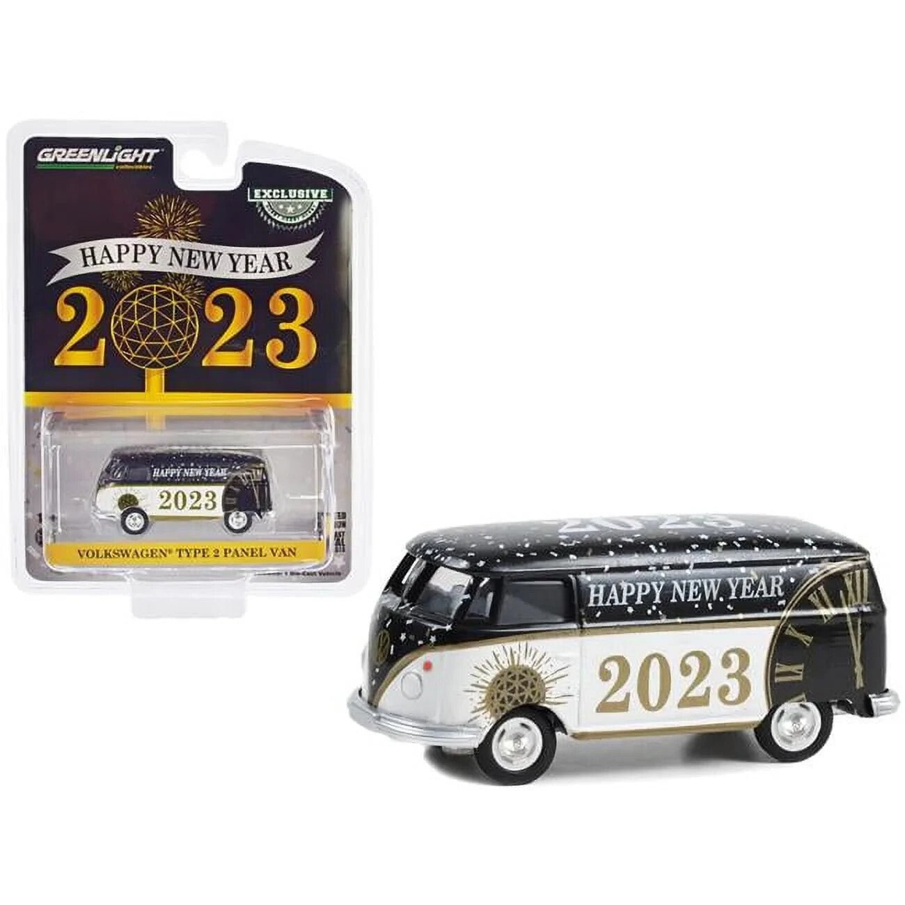 Greenlight Volkswagen Type 2 Panel Van "Happy New Year 2023" Black and White - FranksFunkyStuff