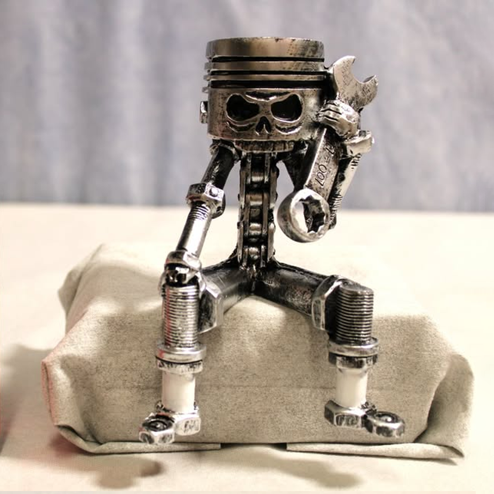 Piston Man Sculpture, Skull Gear Face Tabletop Mechanic with Wrench