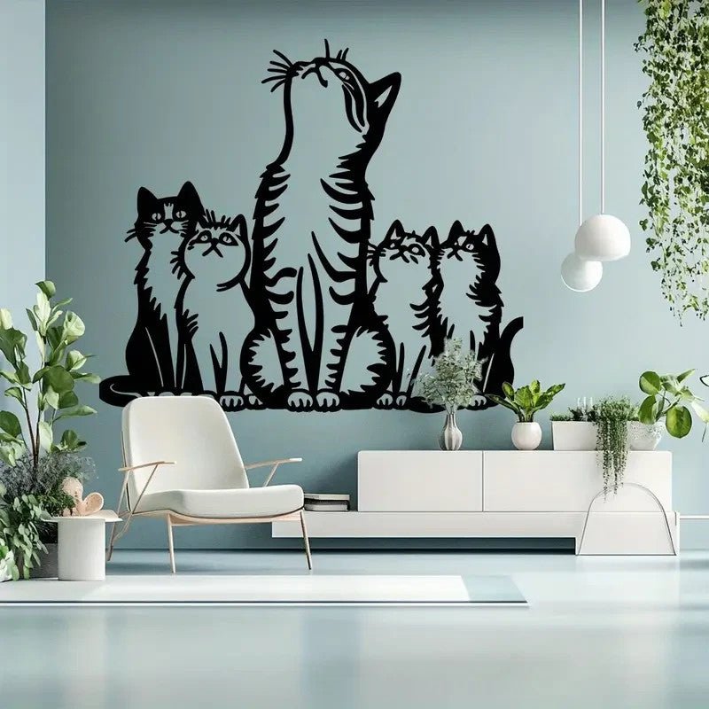 Modern Metal Wall Sculpture Art, Cat Silhouette with Raised Feline Figures - FranksFunkyStuff