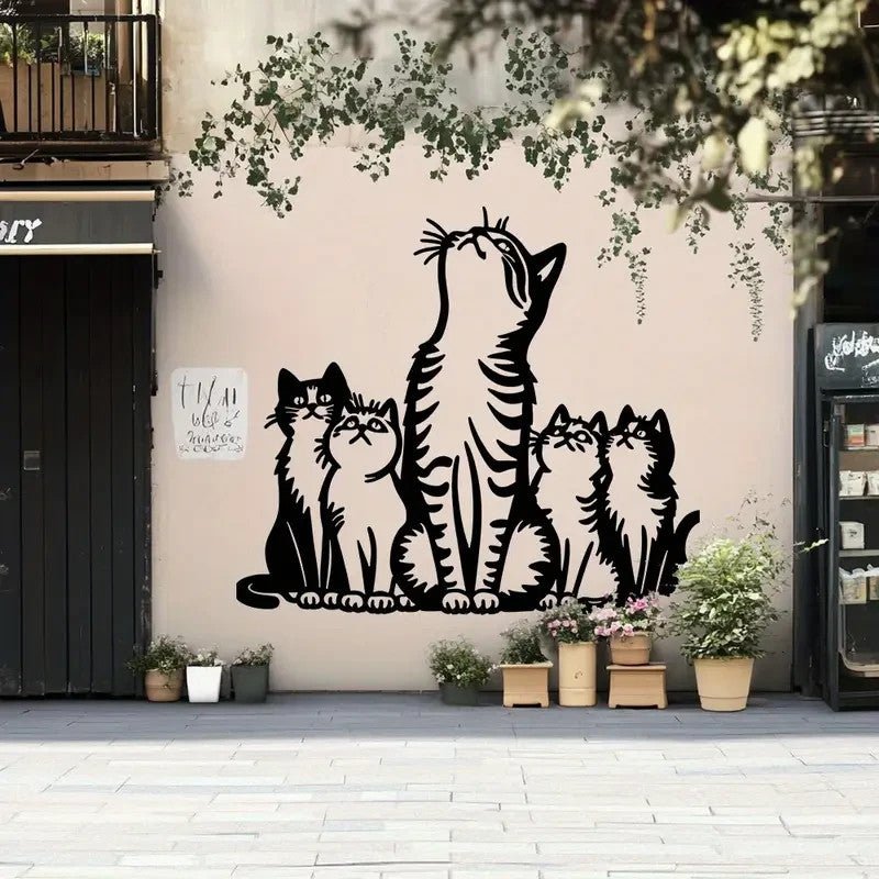 Modern Metal Wall Sculpture Art, Cat Silhouette with Raised Feline Figures - FranksFunkyStuff
