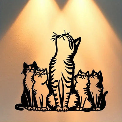 Modern Metal Wall Sculpture Art, Cat Silhouette with Raised Feline Figures - FranksFunkyStuff