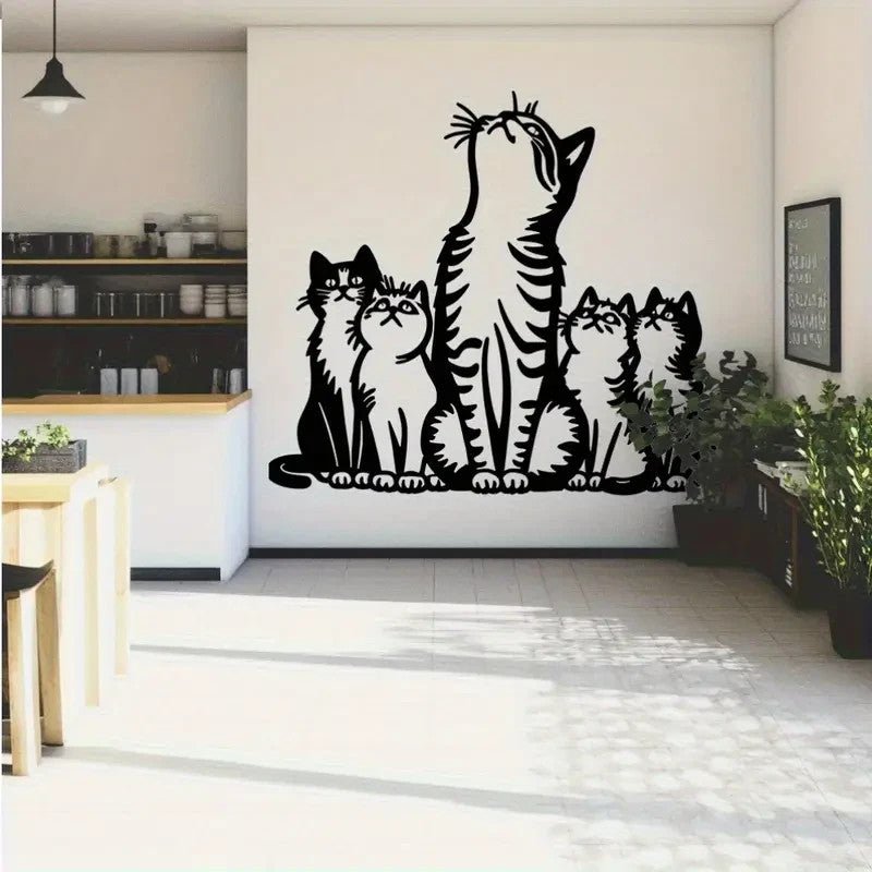 Modern Metal Wall Sculpture Art, Cat Silhouette with Raised Feline Figures - FranksFunkyStuff