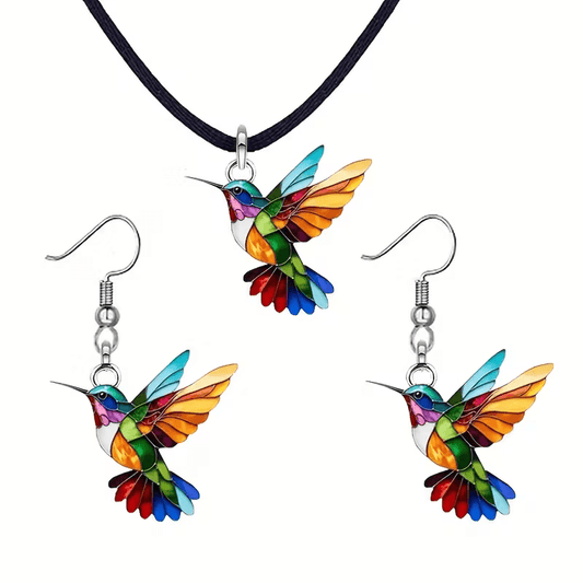 NEW 3 Piece Colorful Acrylic Hummingbird Necklace W/ Matching Ear Ring Set - FranksFunkyStuff