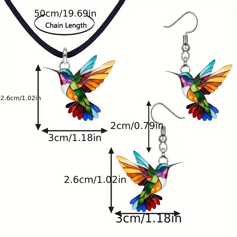 NEW 3 Piece Colorful Acrylic Hummingbird Necklace W/ Matching Ear Ring Set - FranksFunkyStuff