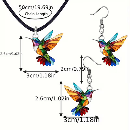 NEW 3 Piece Colorful Acrylic Hummingbird Necklace W/ Matching Ear Ring Set - FranksFunkyStuff