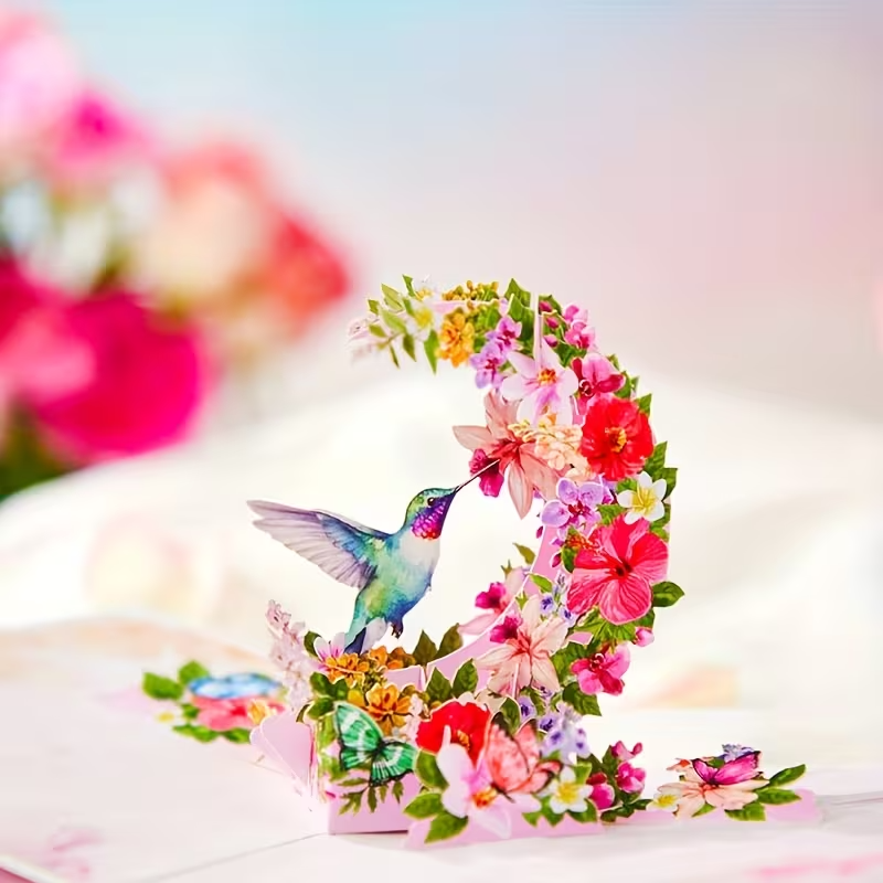 NEW 3D Pop-Up Card - Vibrant Floral Design with Hummingbird & Butterflies - FranksFunkyStuff