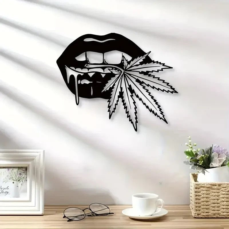 NEW 420 Stylish Lips Biting a Leaf Metal Silhouette - FranksFunkyStuff