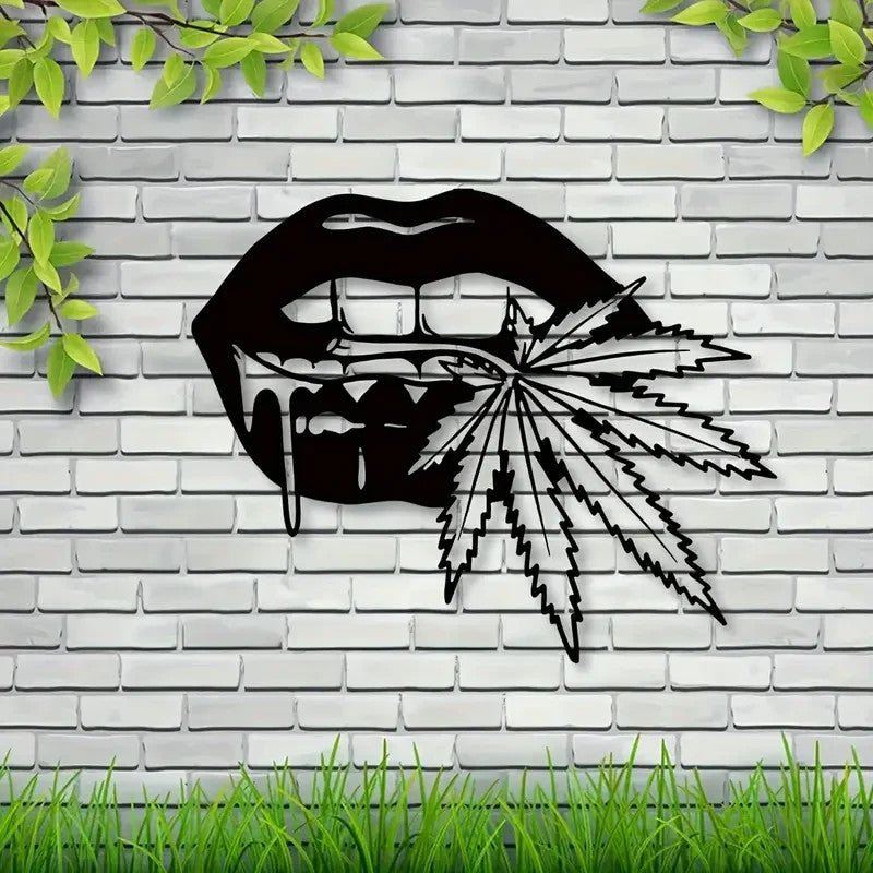 NEW 420 Stylish Lips Biting a Leaf Metal Silhouette - FranksFunkyStuff