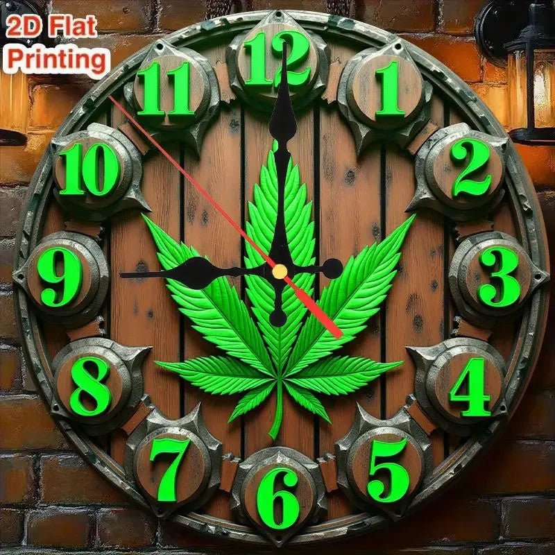 NEW 420 Wooden Wall Clock with Weed Leaf Design - 2D Flat Printing - FranksFunkyStuff