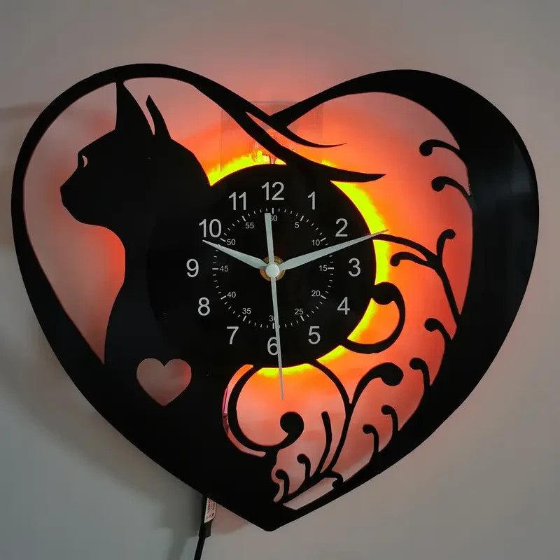 NEW CAT Light - up Vinyl Record Wall Clock - Heart Shaped Remote Controlled - FranksFunkyStuff