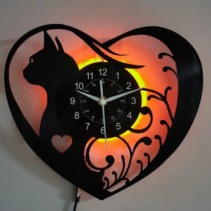 NEW CAT Light - up Vinyl Record Wall Clock - Heart Shaped Remote Controlled - FranksFunkyStuff