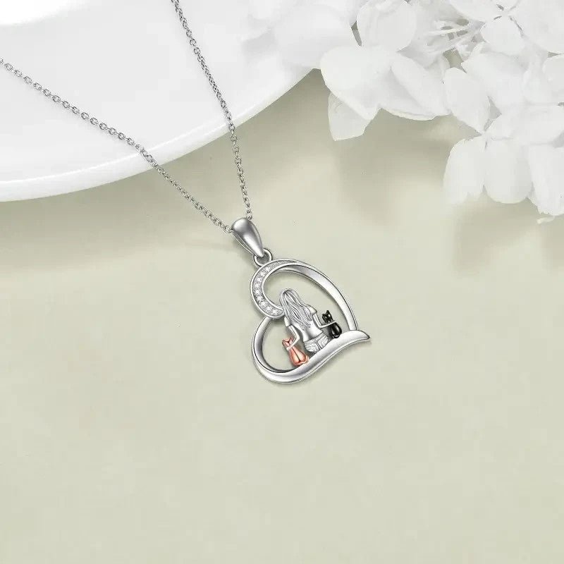 NEW Cute Cat Hug Pendant Necklace Girl with 2 Adorable Cats Silver Finish - FranksFunkyStuff